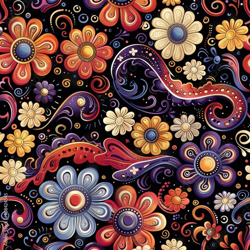 Vibrant Floral Pattern with Swirling Designs