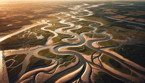 Aerial View of a Meandering River System with Lush Green Vegetation and Sandy Banks at Sunset