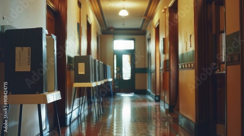 Voting booths lined up in a hallway, ready for an election day. 