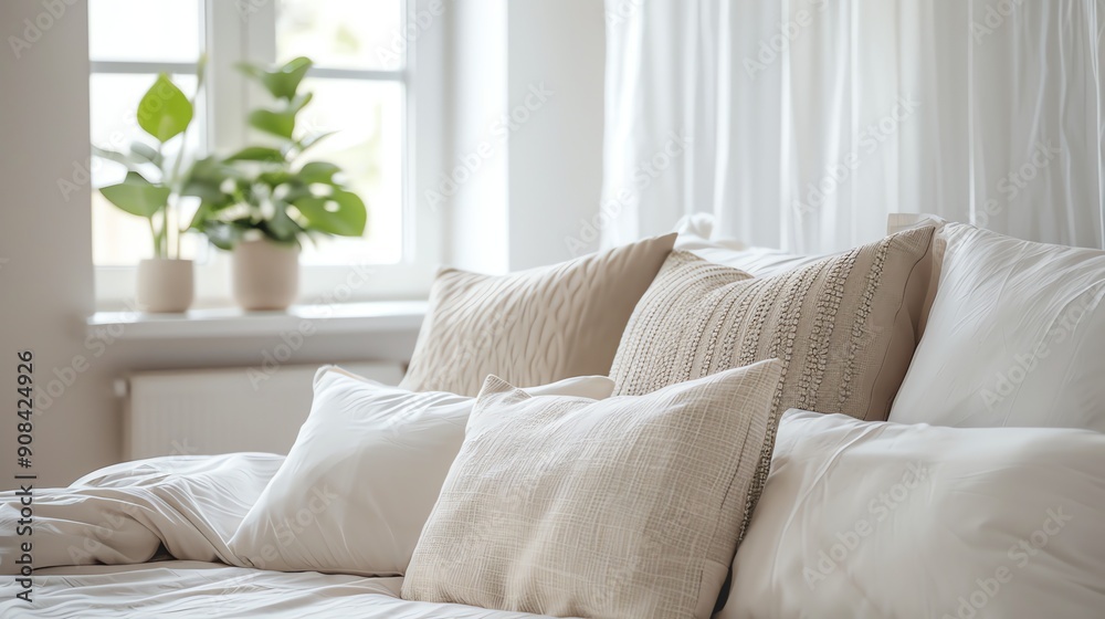 Close-up of a bed with white and beige pillows against a bright window. Close-up of a bed with white and beige pillows against a bright window.