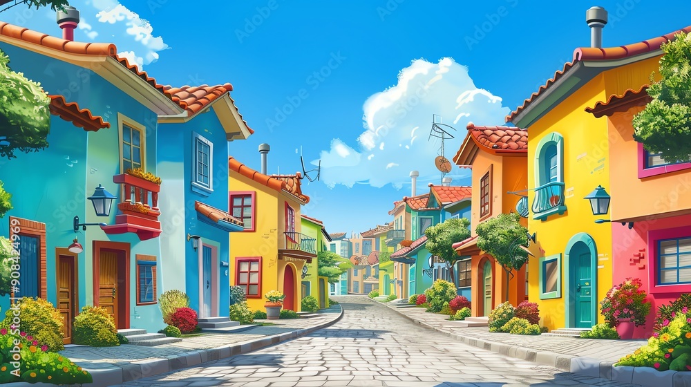 Fototapeta premium A cartoon illustration of a colorful street with houses in a sunny town.