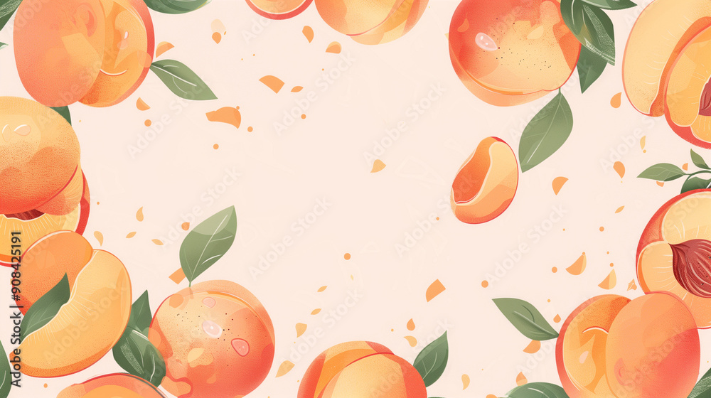 Fresh and vibrant peaches with leaves framing a blank space, summer fruit theme Fresh and vibrant peaches with leaves framing a blank space, summer fruit theme