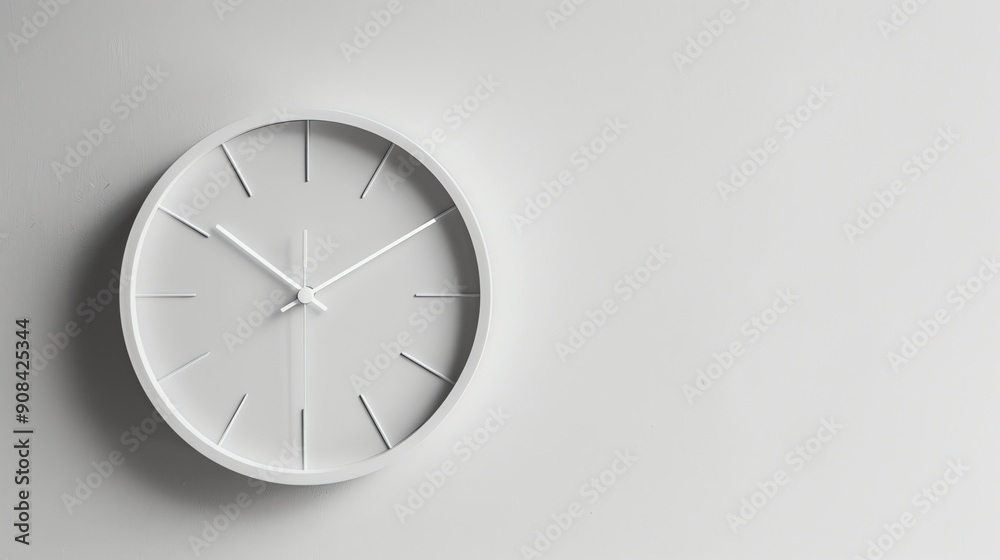 A white clock with black hands on a white wall. A white clock with black hands on a white wall.