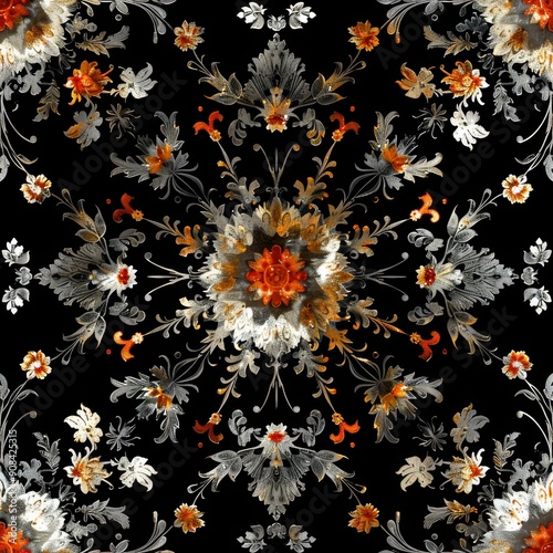 Intricate Floral Design on Black Background