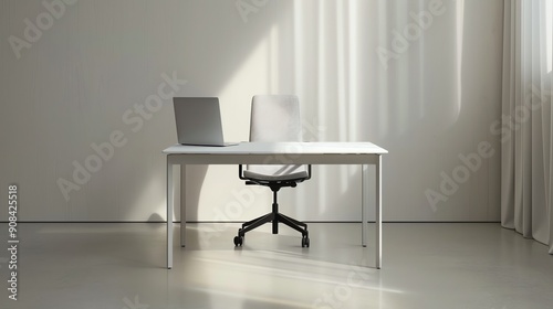 A minimalist office with a white desk, chair and floor.