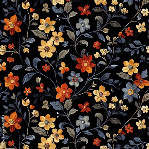 Floral Pattern with Orange and Yellow Flowers on Black Background