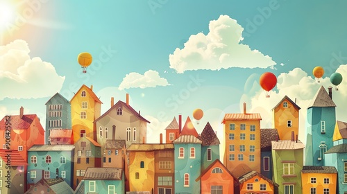 A whimsical illustration of a colorful town with hot air balloons floating above the houses.