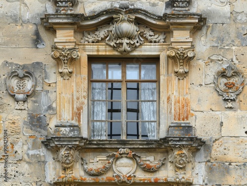 Weathered stone facade with historic architectural details