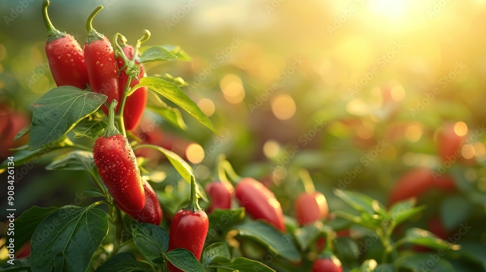 Obraz premium Red Chili Peppers on a Plant with Green Leaves