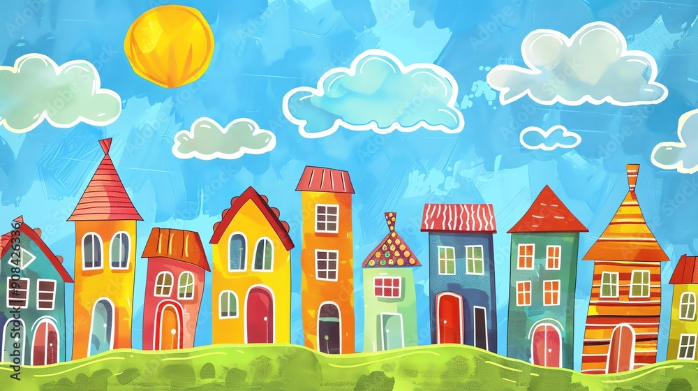 A cartoon illustration of a town with colorful houses. A cartoon illustration of a town with colorful houses.