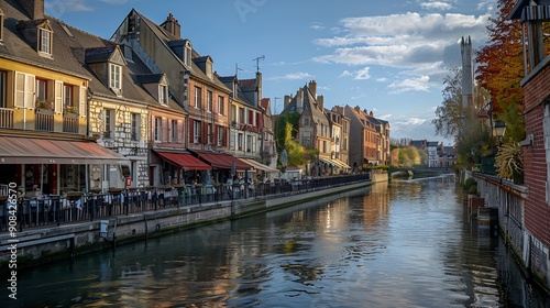 Amiens old town SaintLeu quarter embankment promenade of Somme river street restaurants and cafe typical houses stone bridge in historical city centre France landmarks HautsdeFrance Re : Generative AI