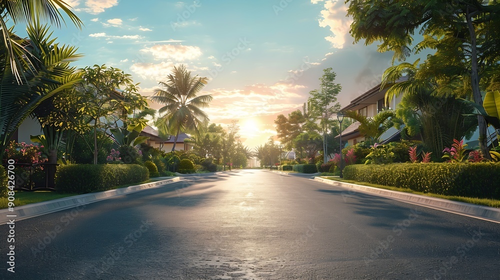 Empty street at the nice and comfortable garden at the morning with lovely beautiful sky : Generative AI Empty street at the nice and comfortable garden at the morning with lovely beautiful sky : Generative AI