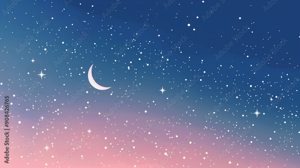 Naklejka premium Tranquil night sky with a crescent moon and stars above soft pink clouds