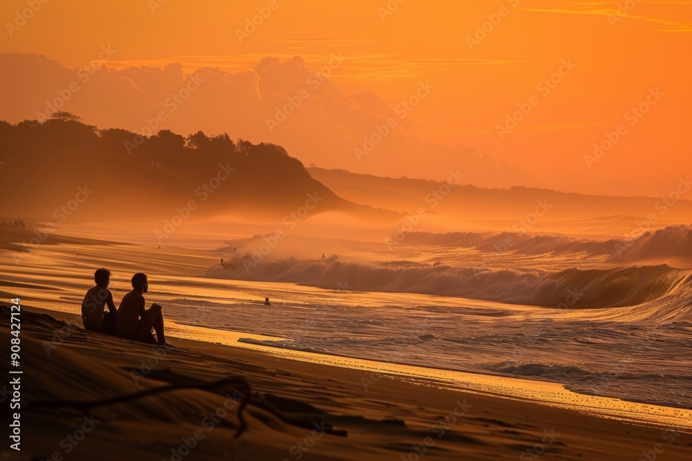 Surfers relax on a beach at Playa Venao, watching big breaking waves during sunset. The orange hues of the sky and serene coastal scenery create a picturesque backdrop for their tropical surf session. Surfers relax on a beach at Playa Venao, watching big breaking waves during sunset. The orange hues of the sky and serene coastal scenery create a picturesque backdrop for their tropical surf session.