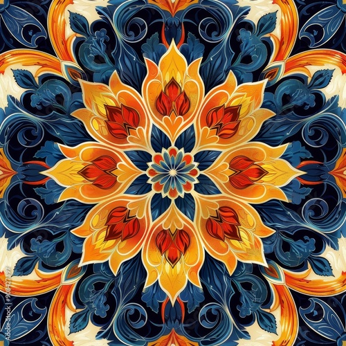 Ornamental Mandala with Blue, Yellow and Red Tones