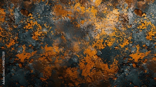 orange rust stains on weathered steel plate or top view yellow iron table and old brown metal wall from moisture to tetanus for dirty dark board background to red blue retro backdrop a : Generative AI photo