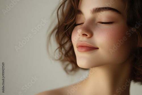 A close up of a girl's face with her eyes closed