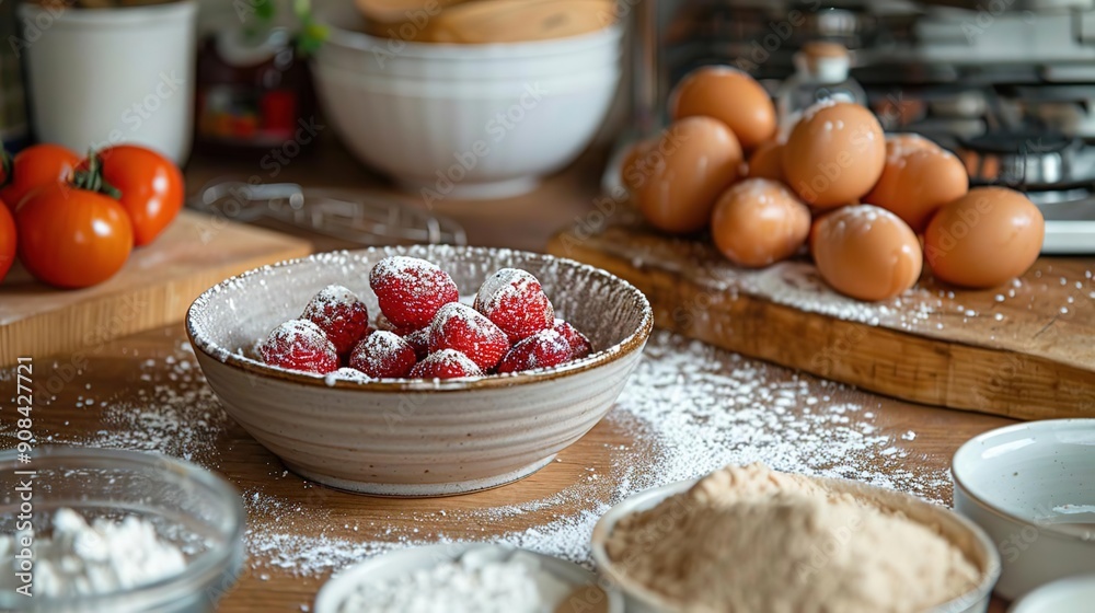 Fototapeta premium Bowl of Red Strawberries with Powdered Sugar on a Wooden Table Illustration