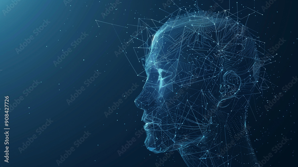 Obraz premium Digital illustration of a human head made of network connections and points, representing artificial intelligence and technology