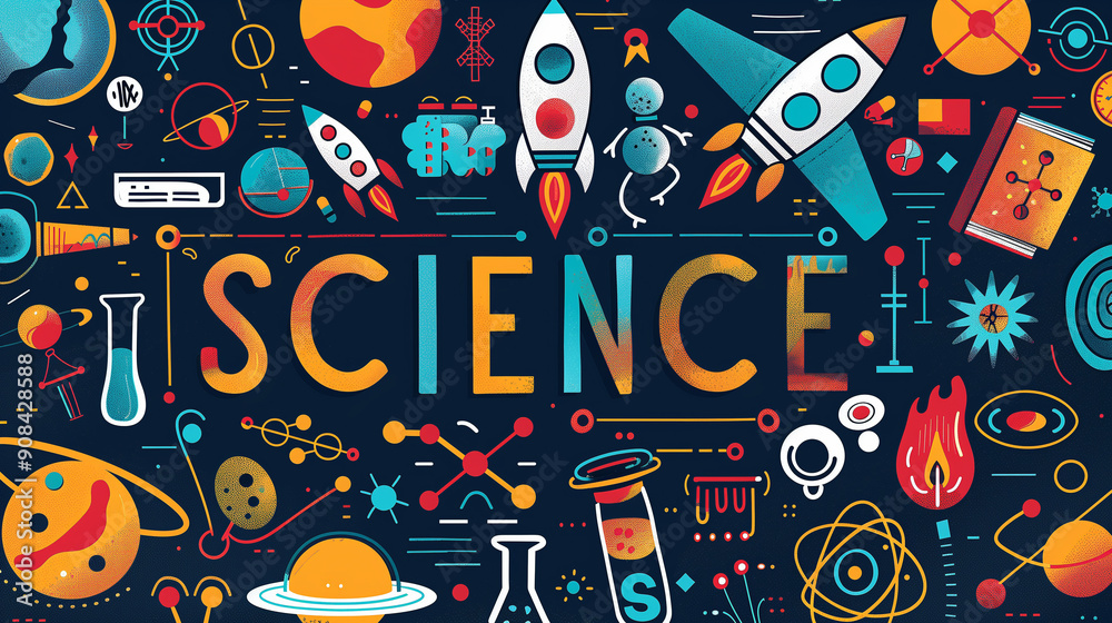 Science-themed illustration with rockets, planets, lab equipment, and mathematical symbols, featuring the word Science-themed illustration with rockets, planets, lab equipment, and mathematical symbols, featuring the word