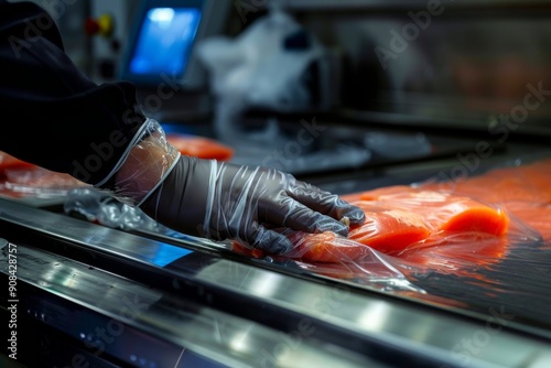 Factory worker using automated machinery to wrap meat products in protective plastic film.