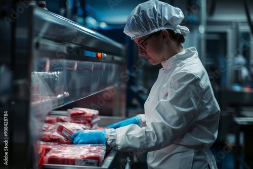 Factory worker using automated machinery to wrap meat products in protective plastic film.