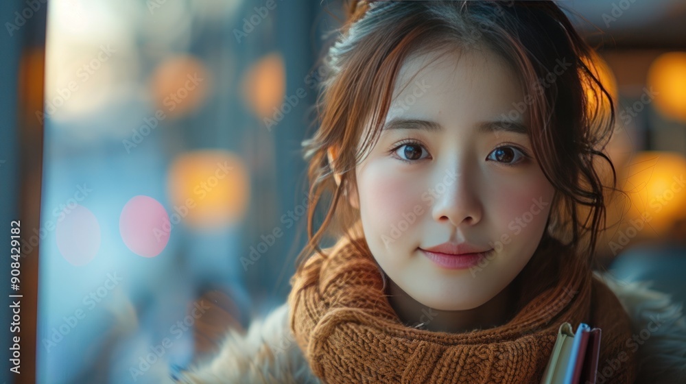 Close-up portrait of a young woman looking directly at the camera, smiling gently, in a cafe setting with warm colors. Close-up portrait of a young woman looking directly at the camera, smiling gently, in a cafe setting with warm colors.