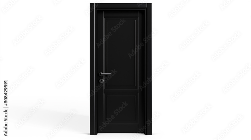 A black door with a silver handle is open. The door is in a white background. The door is open to reveal a bright, empty room A black door with a silver handle is open. The door is in a white background. The door is open to reveal a bright, empty room