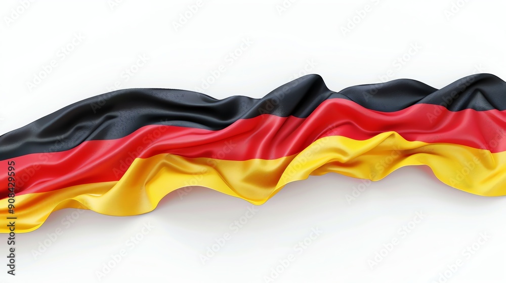 Naklejka premium A flowing, silky German flag, with black, red, and gold horizontal stripes, draped across a white background.