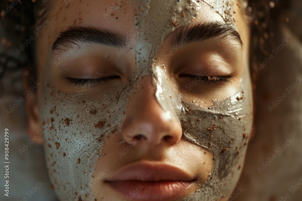 Fototapeta premium Close-up of a young woman face with a clay mask, her eyes closed, hair tied back, with a background of soft lighting and home decor.