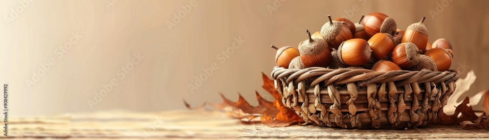A basket of acorns sits on a table. The acorns are scattered throughout the basket, with some of them being larger than others A basket of acorns sits on a table. The acorns are scattered throughout the basket, with some of them being larger than others