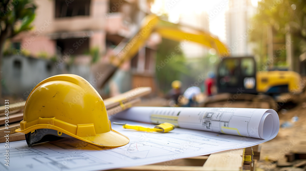 A construction site with a yellow helmet and a yellow construction tool A construction site with a yellow helmet and a yellow construction tool