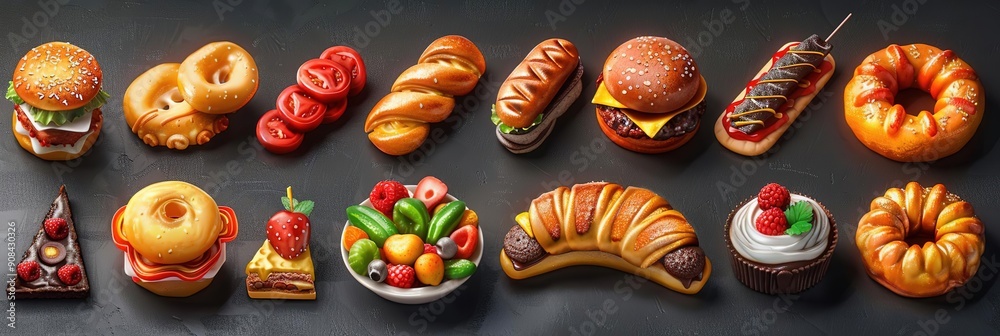 3D Illustration of Various Delicious Foods on a Black Background 3D Illustration of Various Delicious Foods on a Black Background