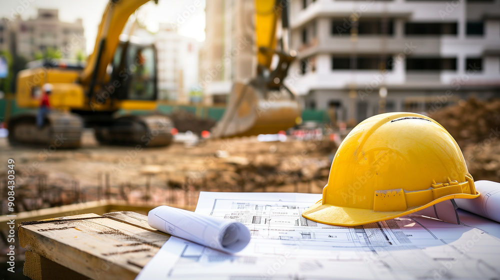 A construction site with a yellow helmet and a yellow construction tool A construction site with a yellow helmet and a yellow construction tool