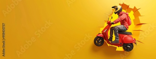 A Delivery Man Riding a Scooter Breaking Through a Yellow Background. Creative Banner Design with Blank Copyspace for Custom Advertising and Messaging photo