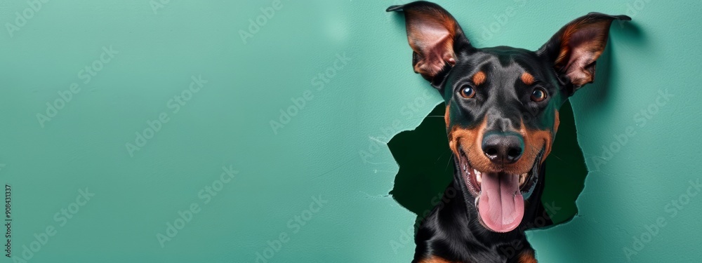 Dynamic Image of a Dobermann Dog Bursting or Breaking Through a Green Wall. Creative Banner Design with Blank Copyspace for Custom Advertising and Messaging Dynamic Image of a Dobermann Dog Bursting or Breaking Through a Green Wall. Creative Banner Design with Blank Copyspace for Custom Advertising and Messaging