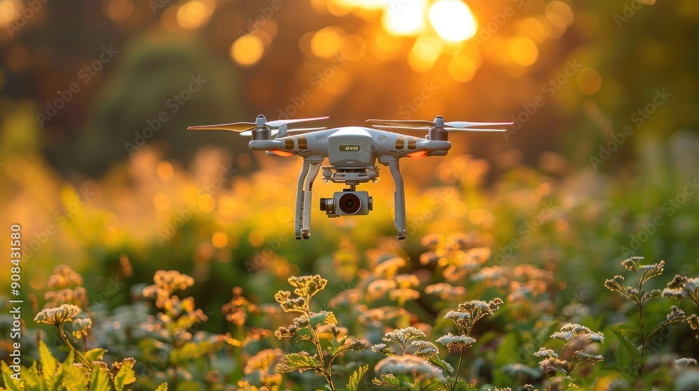 Drone Flying Over a Meadow at Sunset Drone Flying Over a Meadow at Sunset