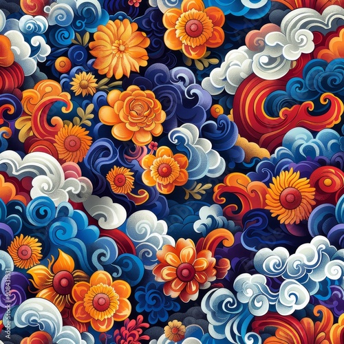 Vibrant Floral and Cloud Pattern