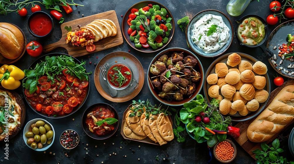 Food Photography: A Flat Lay of Appetizers, Main Courses, and Desserts on a Dark Background Food Photography: A Flat Lay of Appetizers, Main Courses, and Desserts on a Dark Background