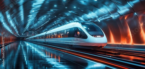 Futuristic public transport system with maglev trains, urban mobility, smart cities #908431772