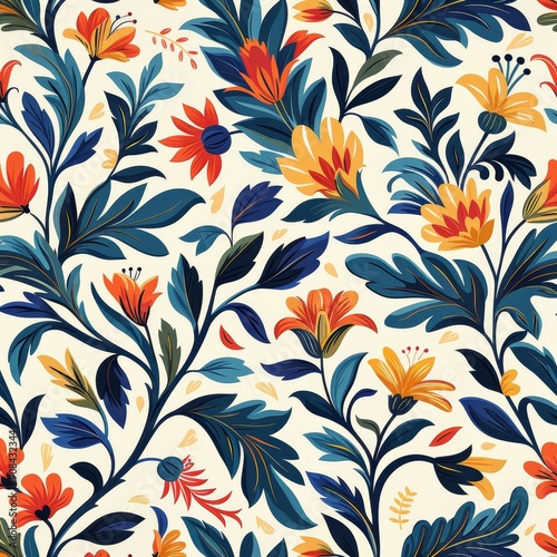 Seamless Floral Pattern with Blue, Red and Yellow Hues