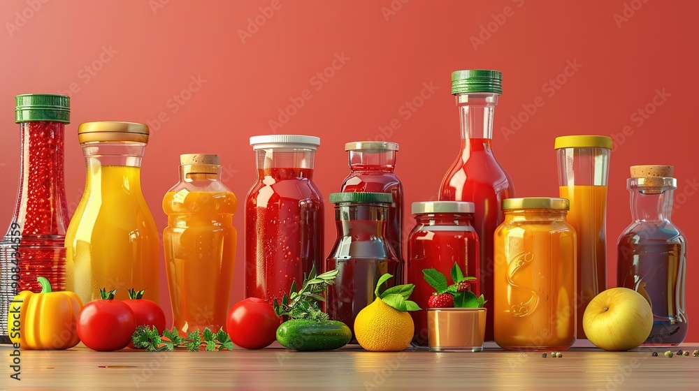 3D Illustration of Various Glass Jars and Bottles with Different Sauces and Juices