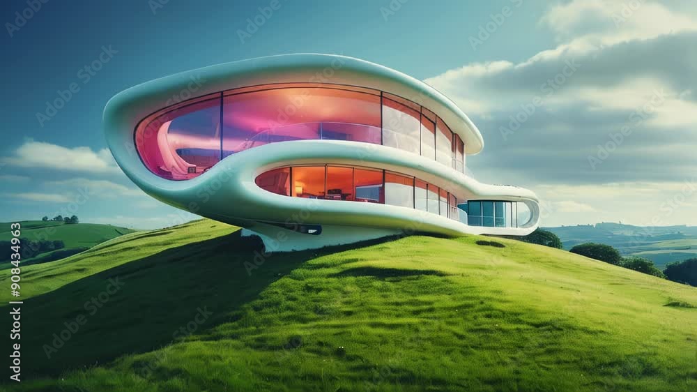 An extraordinary house features a flowing, organic design that stands out against a backdrop of vibrant greenery. An extraordinary house features a flowing, organic design that stands out against a backdrop of vibrant greenery.