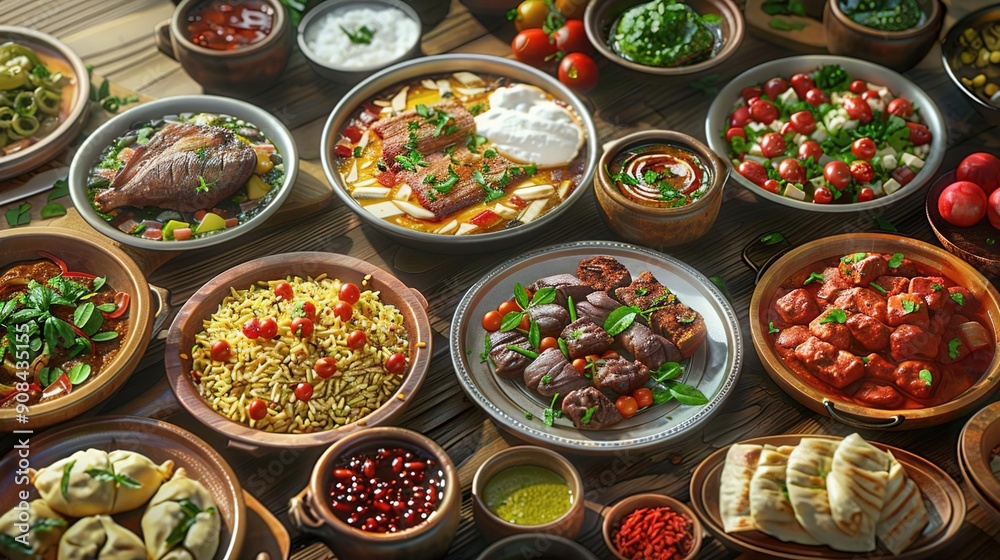 A Table Full of Delicious Food: A Realistic 3D Illustration of Diverse Cuisine A Table Full of Delicious Food: A Realistic 3D Illustration of Diverse Cuisine