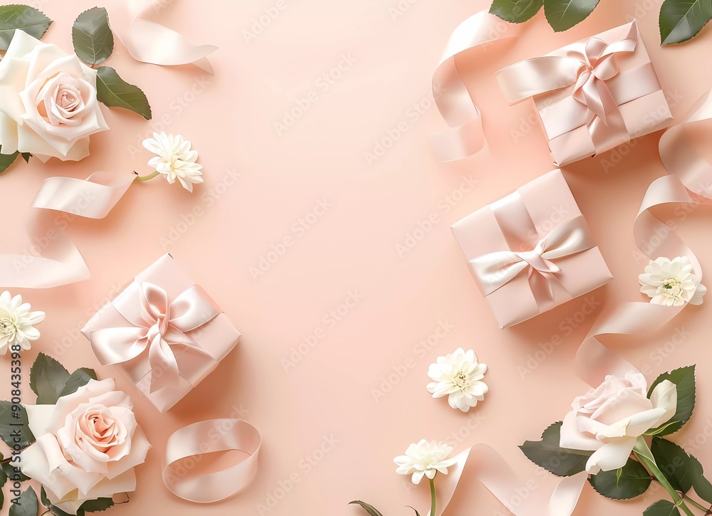 3 pastel pink gift boxes with satin bows and white roses on light peach background 3 pastel pink gift boxes with satin bows and white roses on light peach background