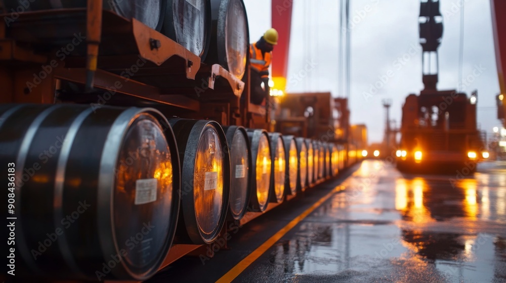 Barrels Loaded onto a Trailer at a Busy Port Barrels Loaded onto a Trailer at a Busy Port