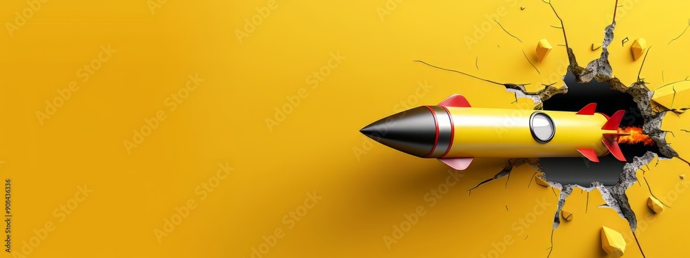 A Rocket or Spaceship Breaking Through a Yellow Background. Creative Banner Design with Blank Copyspace for Custom Advertising and Messaging A Rocket or Spaceship Breaking Through a Yellow Background. Creative Banner Design with Blank Copyspace for Custom Advertising and Messaging