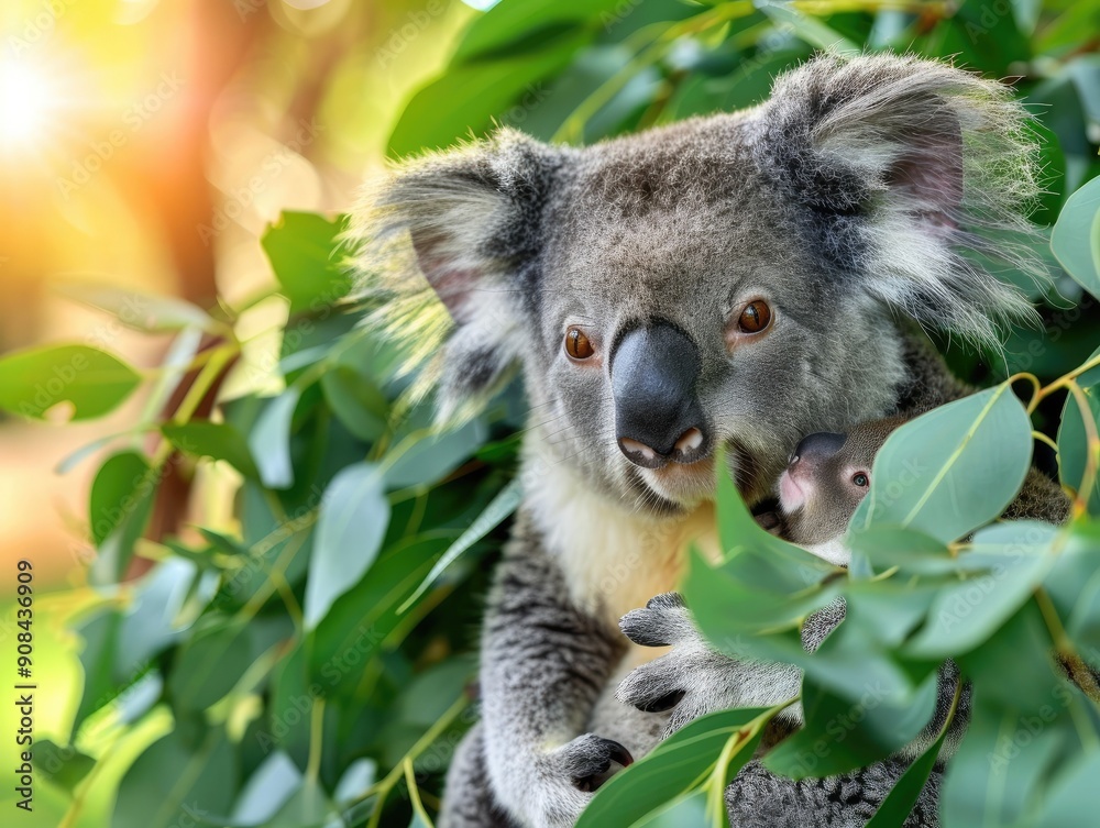 Obraz premium Charming koala mother and baby in natural habitat, surrounded by eucalyptus leaves, showcasing tender wildlife moments.