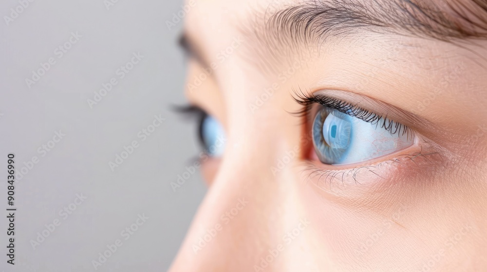 Close-up of a person's blue eye gazing to the side, showcasing detailed eye features and natural makeup. Close-up of a person's blue eye gazing to the side, showcasing detailed eye features and natural makeup.