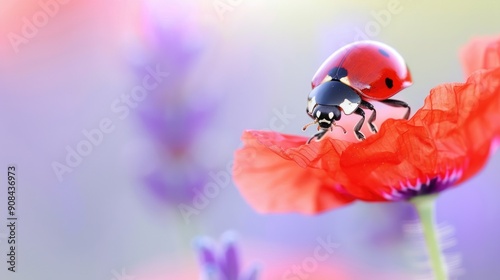 Close-up of a ladybug on a vibrant red flower with a blurred pastel background. Perfect for nature and wildlife themes.